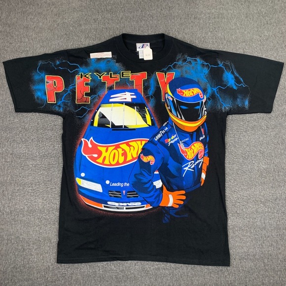 Vintage Nascar Hot Wheels T-Shirt Mens XL Black AOP Kyle Petty Racing NWT